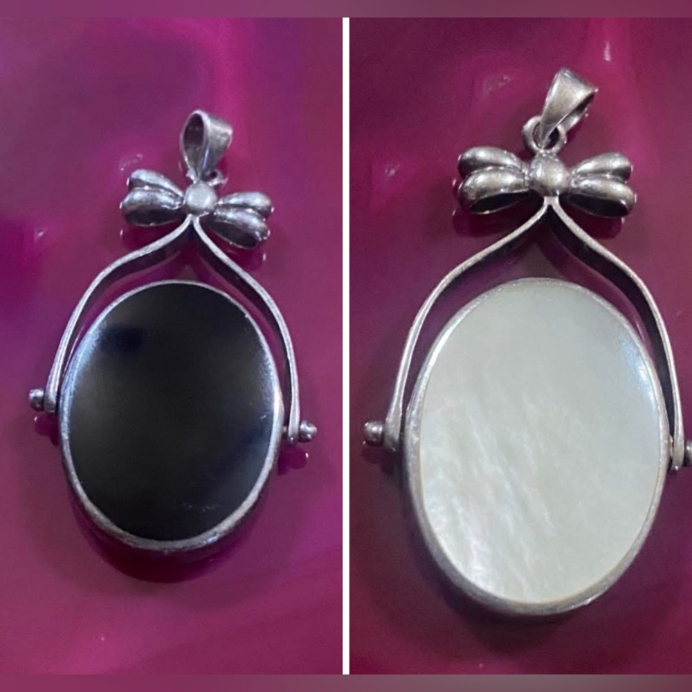 Sterling Silver Onyx Mother of Pearl Bow Reversible Pendant #7792